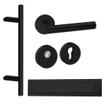 Voordeurset rond met schuine greep Frankfurt en deurkruk Toledo Puurzwart